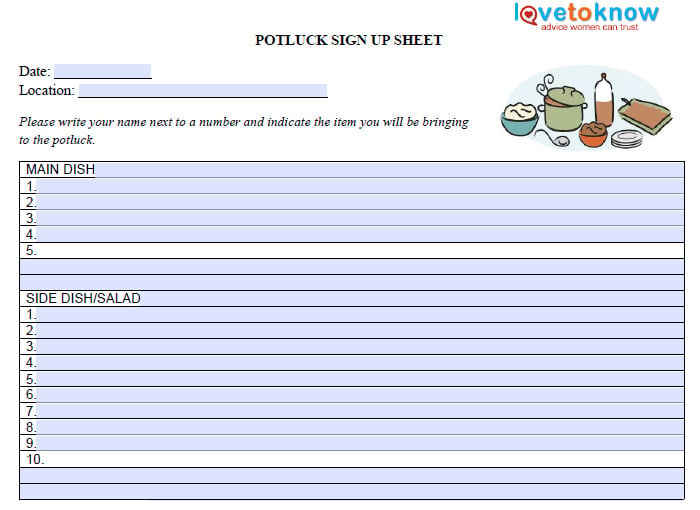 Free Potluck Sign Up Sheet Templates