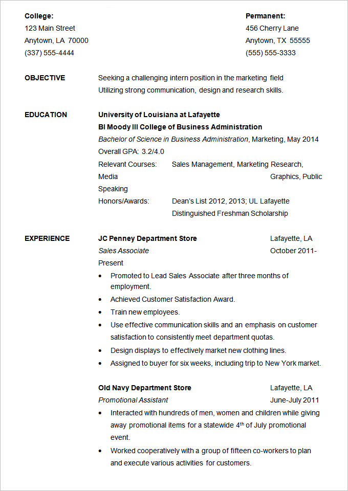 Resume Example for Internship Template