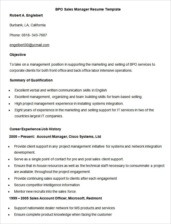 This BPO sales manager resume template example would be handy when you ...
