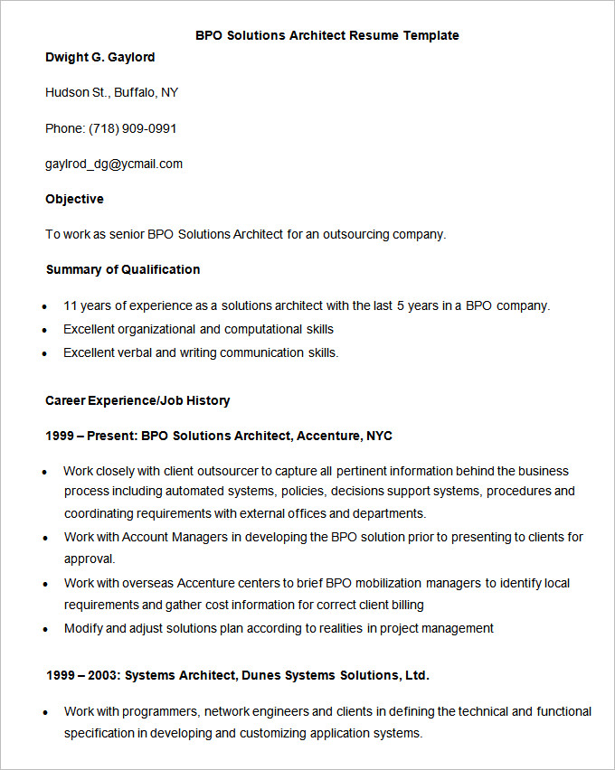 BPO Solutions Architect Resume Template Download