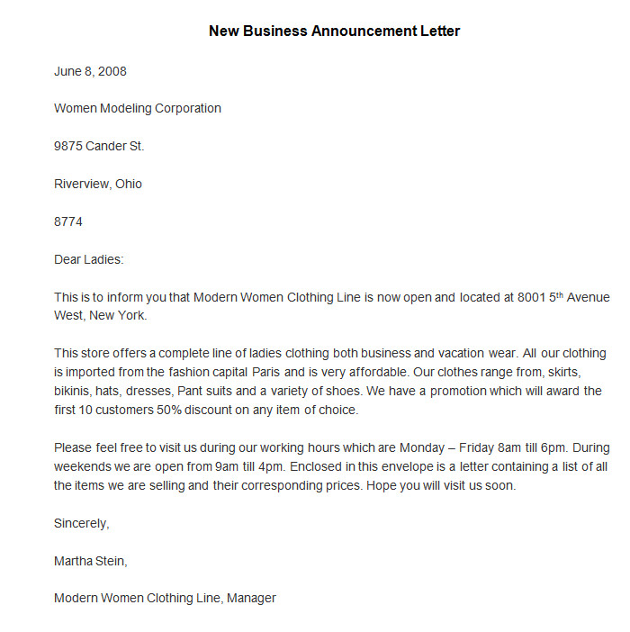 Sample New Business Announcement Letter