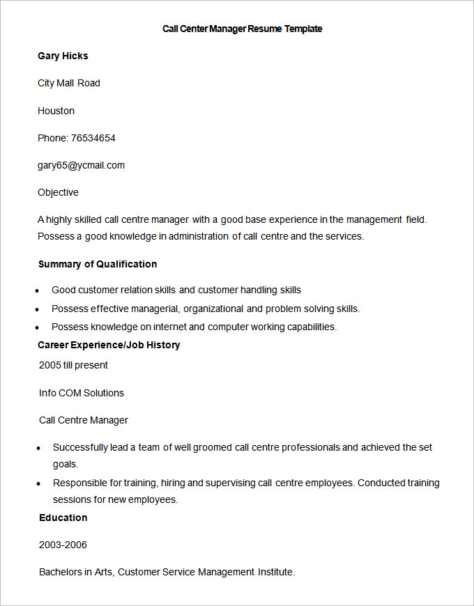 Call Centre Manager Resume Template