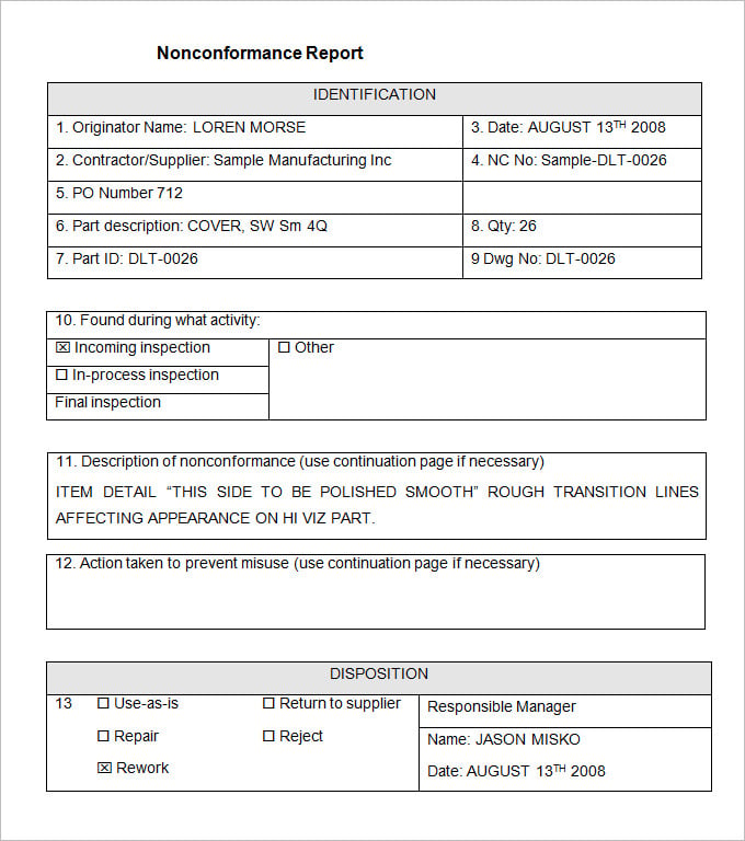 Sample Non Conformance Report Template 10 Free Word, PDF Documents